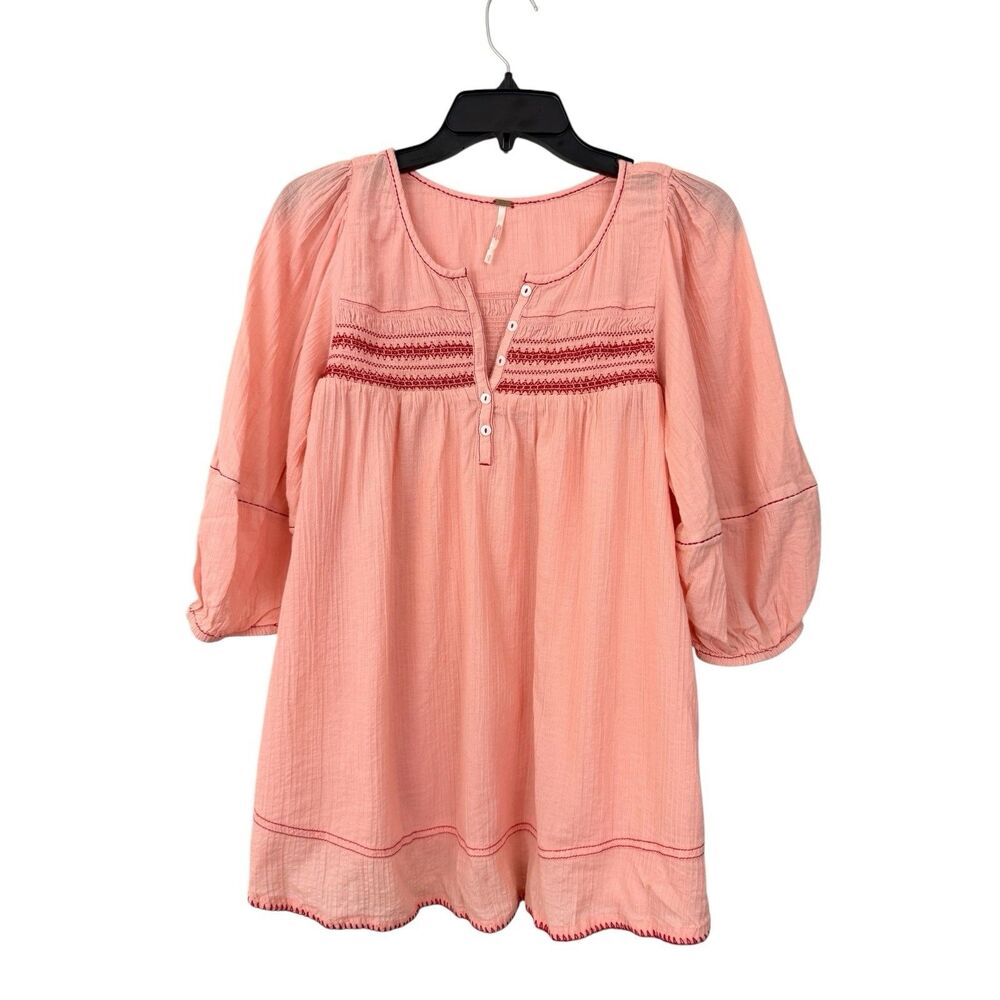 Free People Dylan Smocked Tunic Top Small Embroidered Button Front Boho Blouse